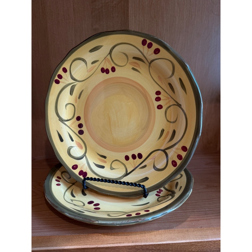 Home Trends Baja Salad Plates Set of 2 Yellow Berry Vine Hand Painted Stoneware
